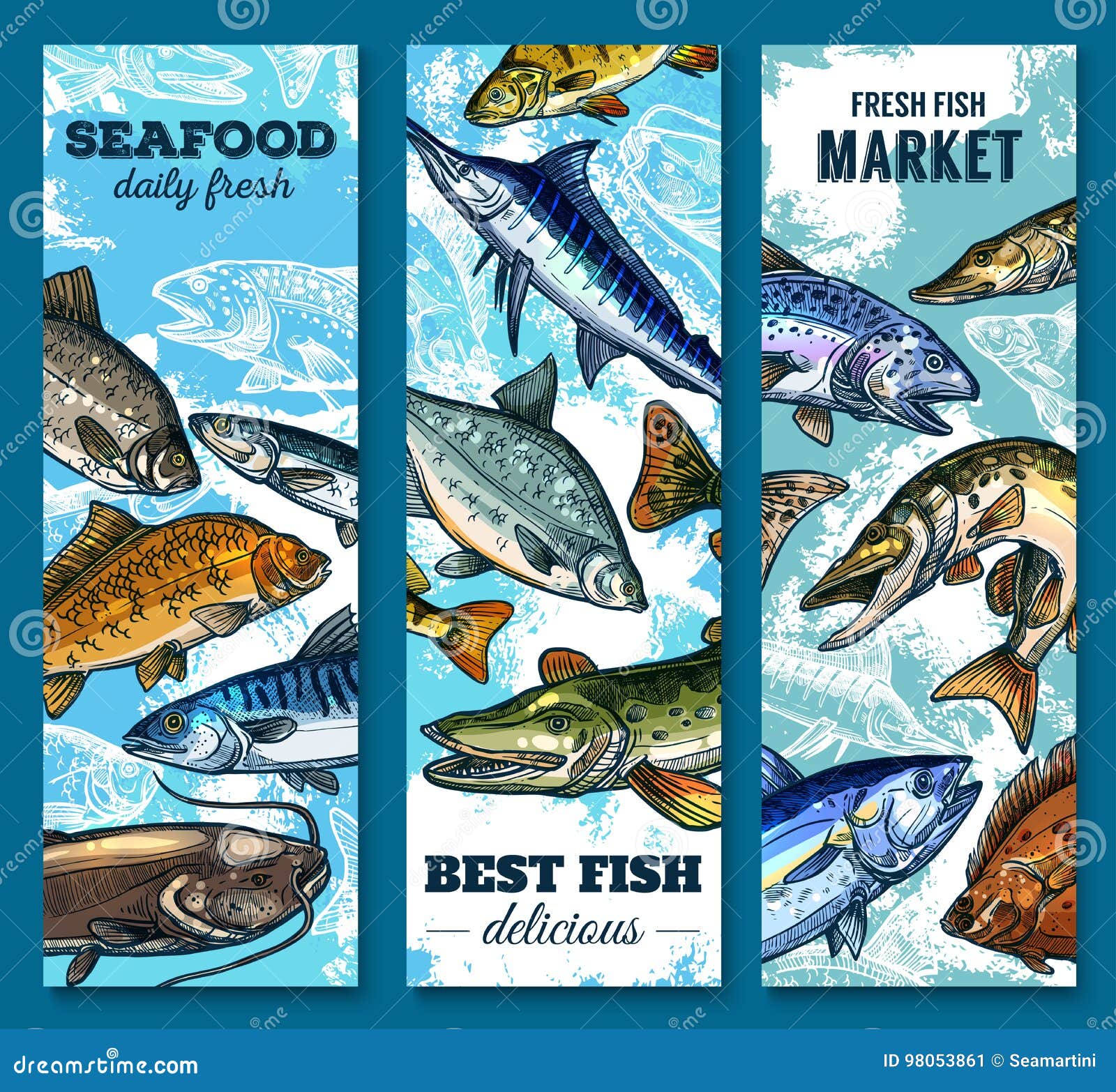 Download Fresh Seafood And Fish Market Sketch Banner Set Stock ...