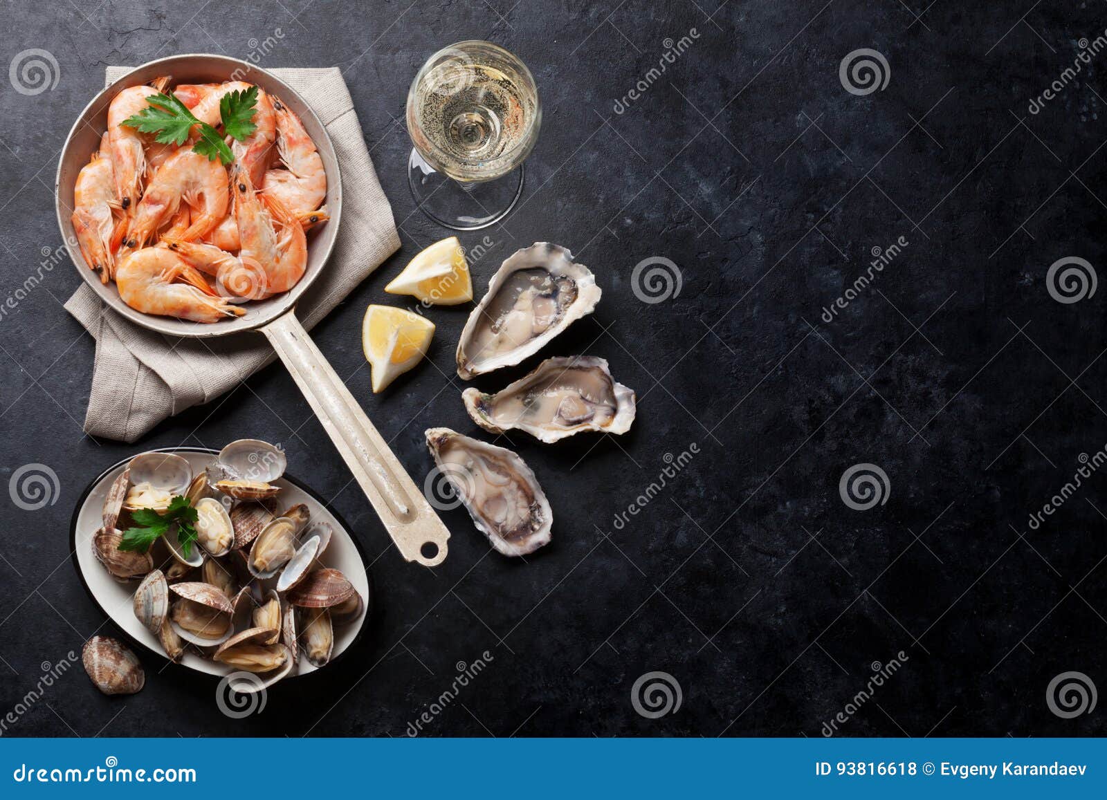 fresh seafood and white wine. scallops, oysters and shrimps