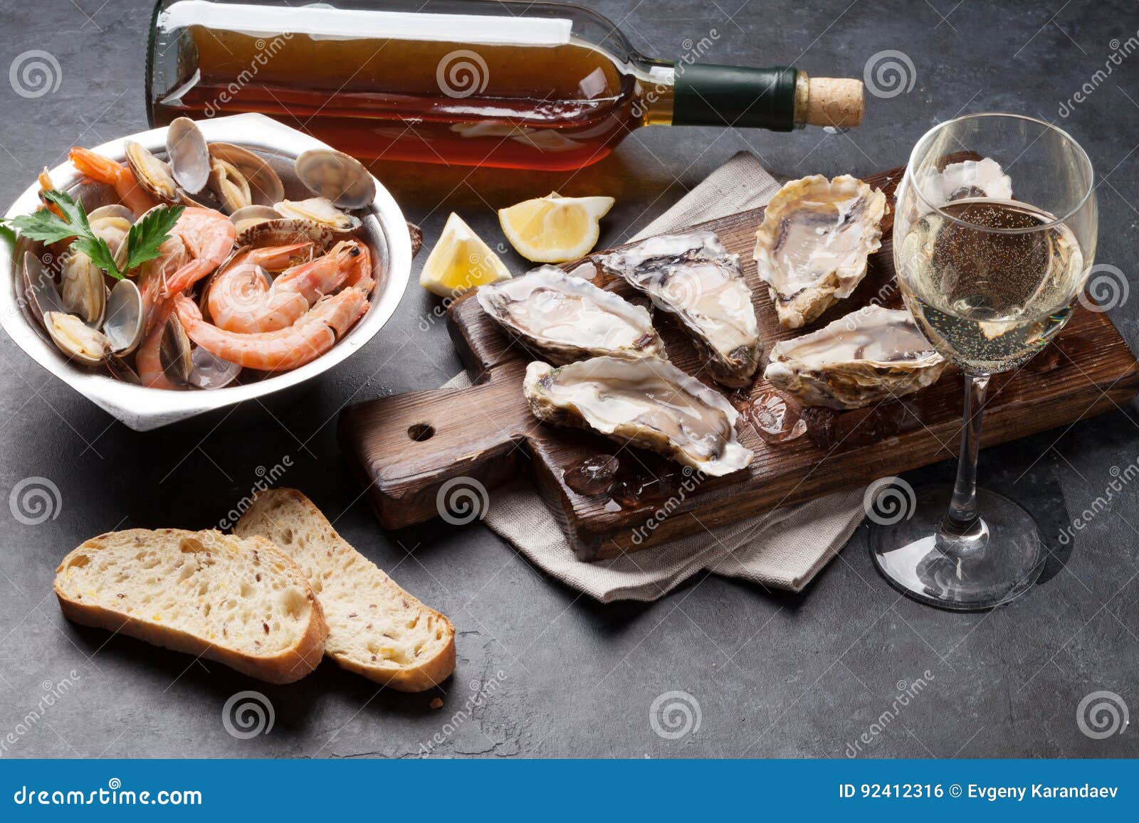 Fresh Seafood and White Wine on Stone Table Stock Photo Image of