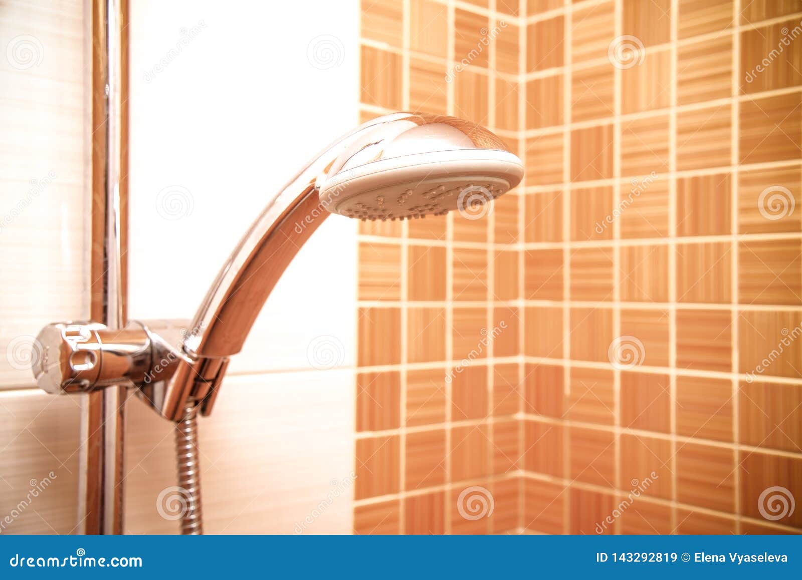 Fresh Shower Where Water Running From Shower Head And Faucet In