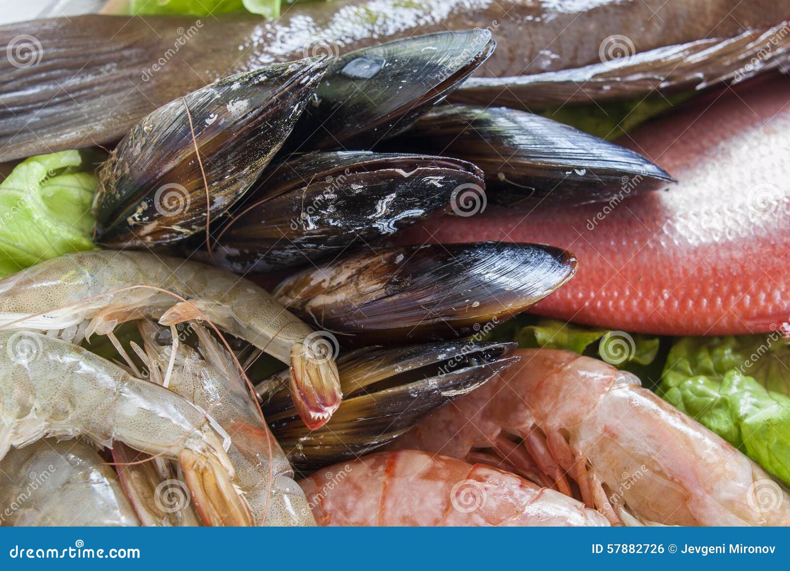 fresh shrimps, mussels and fish