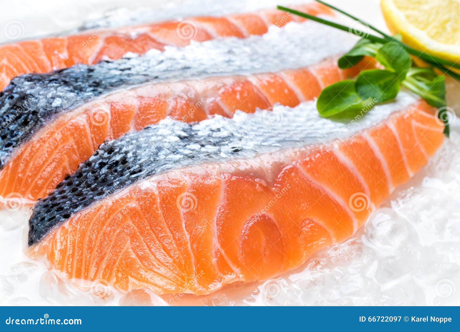 fresh sliced salmon portions on ice.