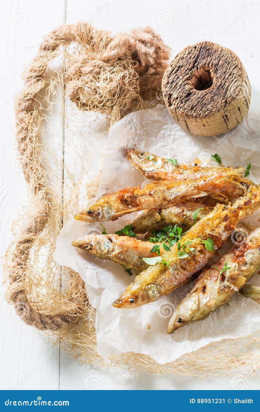 Fresh Smelt Fish and Chips with Herbs and Salt Stock Image Image of