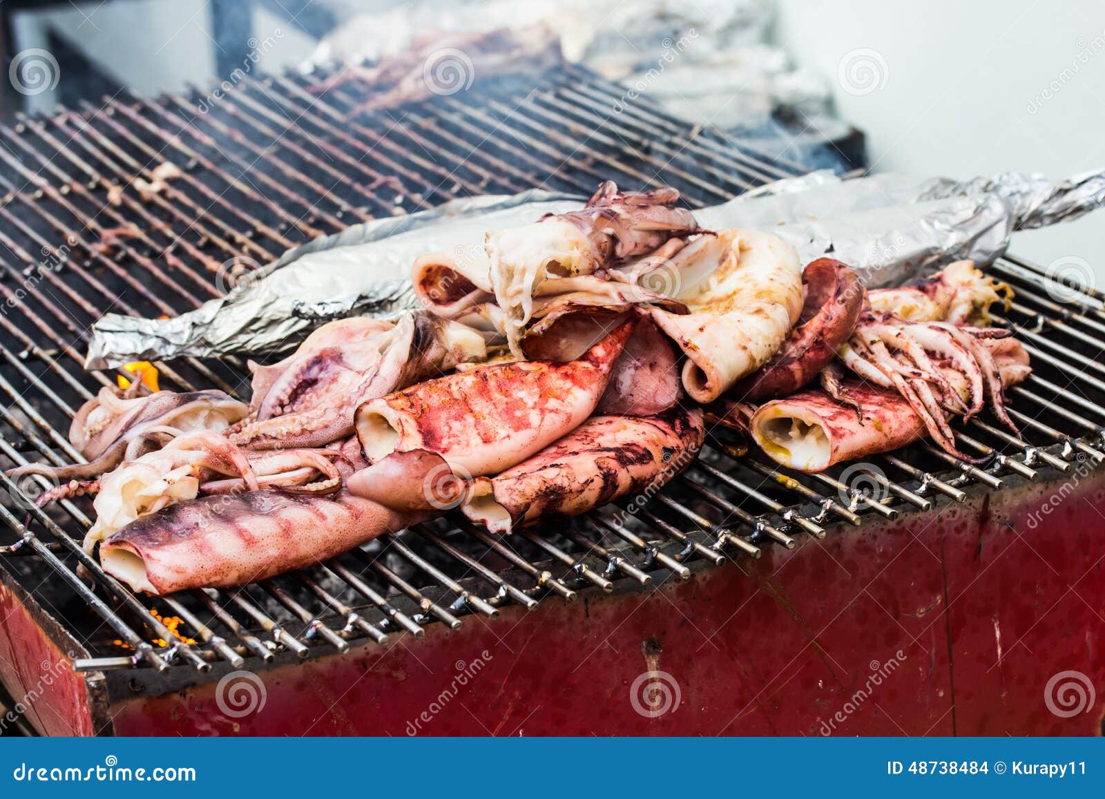 Fresh Squid Barbeque Grilled on Charcoal Stove Stock Photo Image of