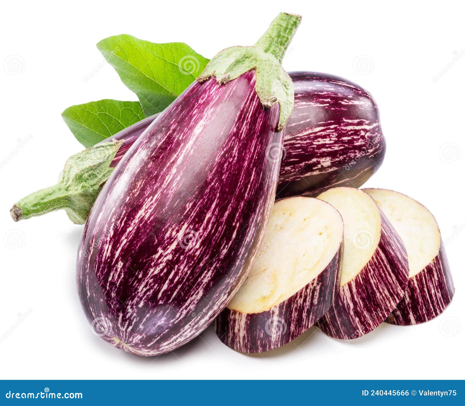 Fresh Striped Aubergines or Eggplants with Leaf and Slices Isolated on