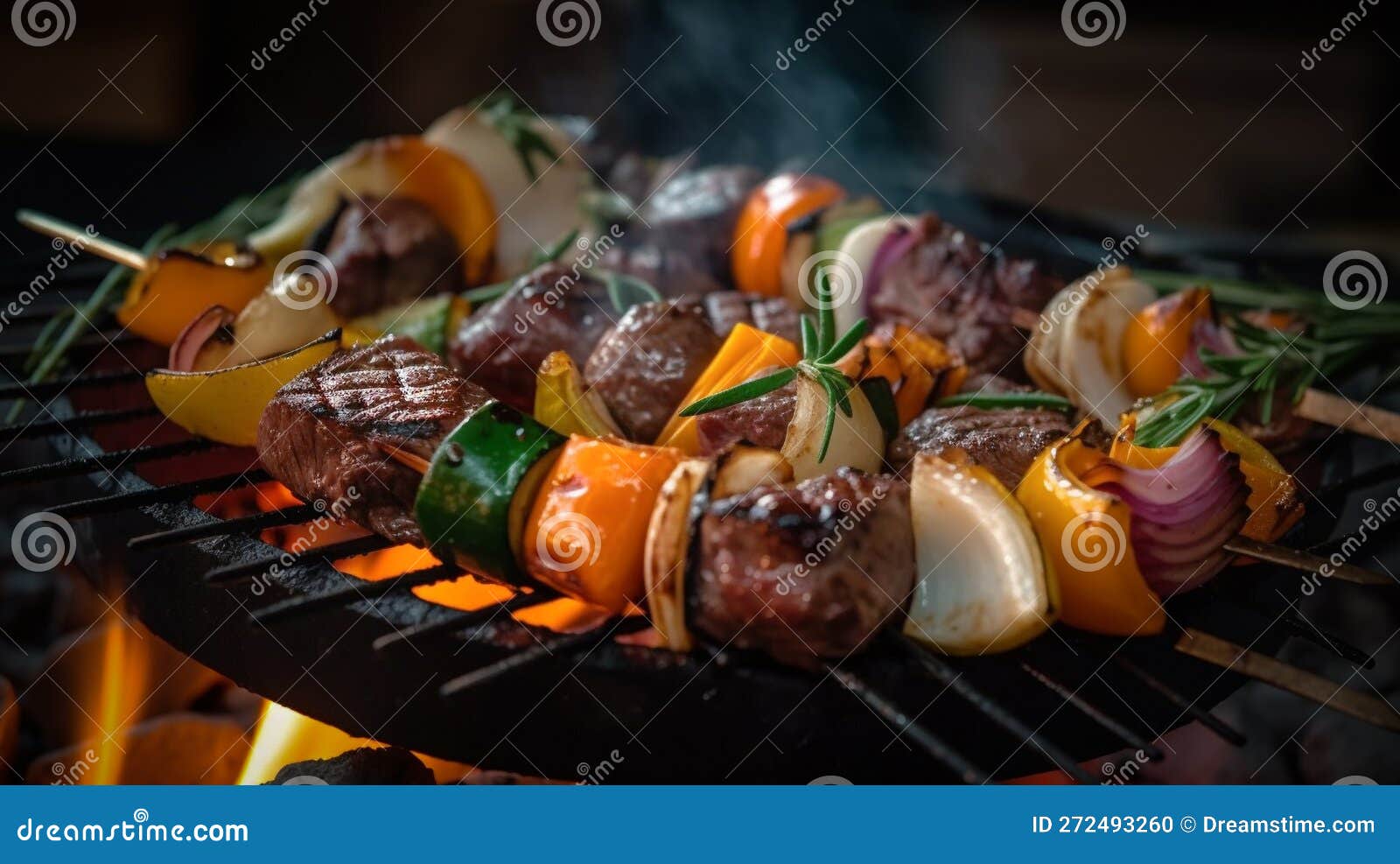 Vegetable and Steak Kabob on the Flame Grill Generative AI Stock