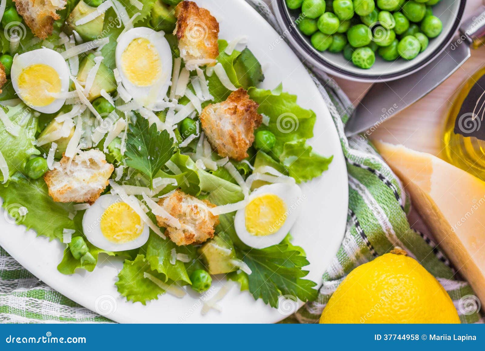 Fresh Summer Salad with Lettuce, Eggs, Cheese, Croutons, Green Stock Photo Image of dish