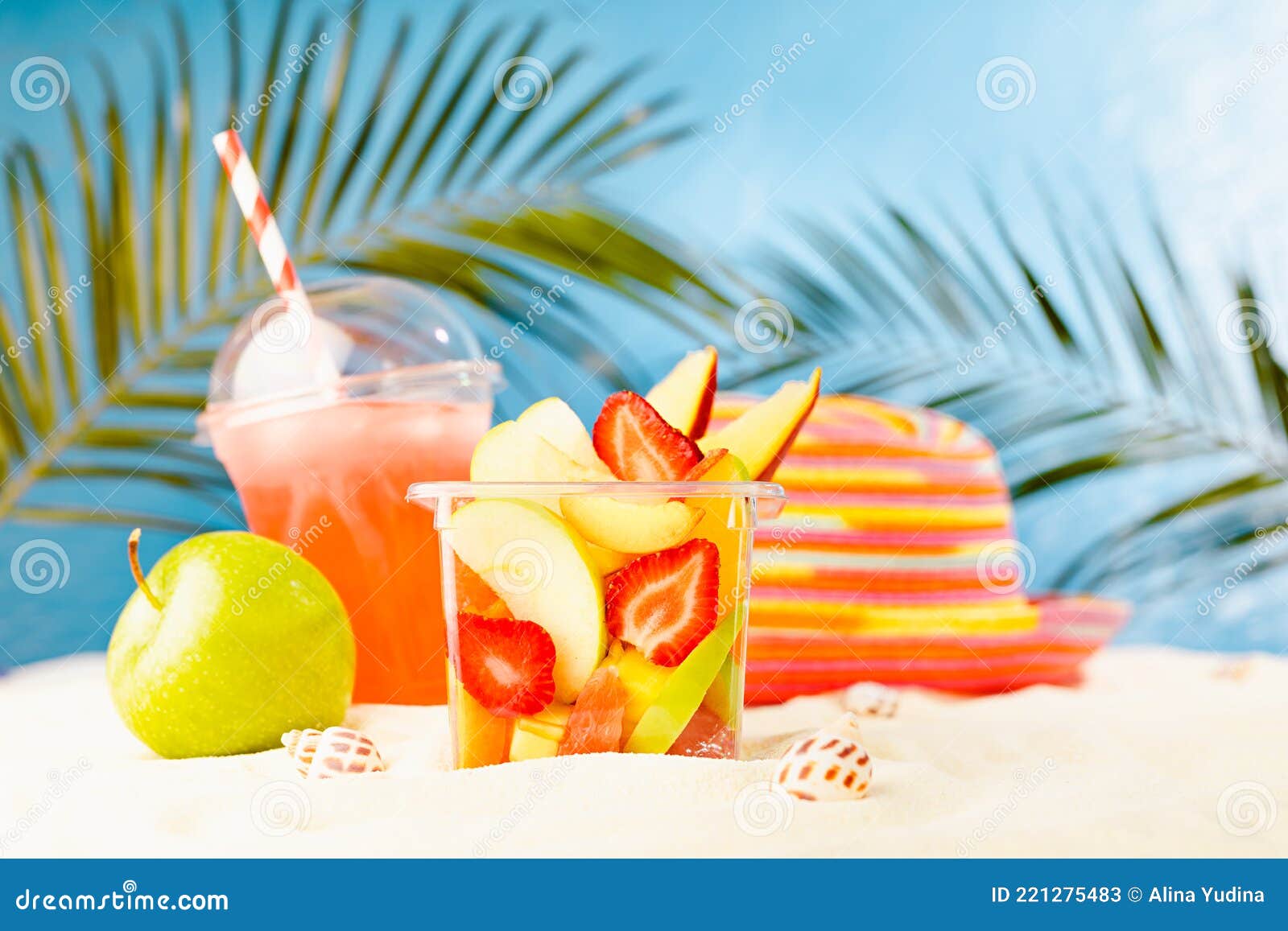 Fresh Summer Takeaway Food on Tropical Beach - Fruit Salad, Cold Drink,  Green Apple, Sun Hat on White Sand with Palm Leaves. Stock Image - Image of  beach, drink: 221275483