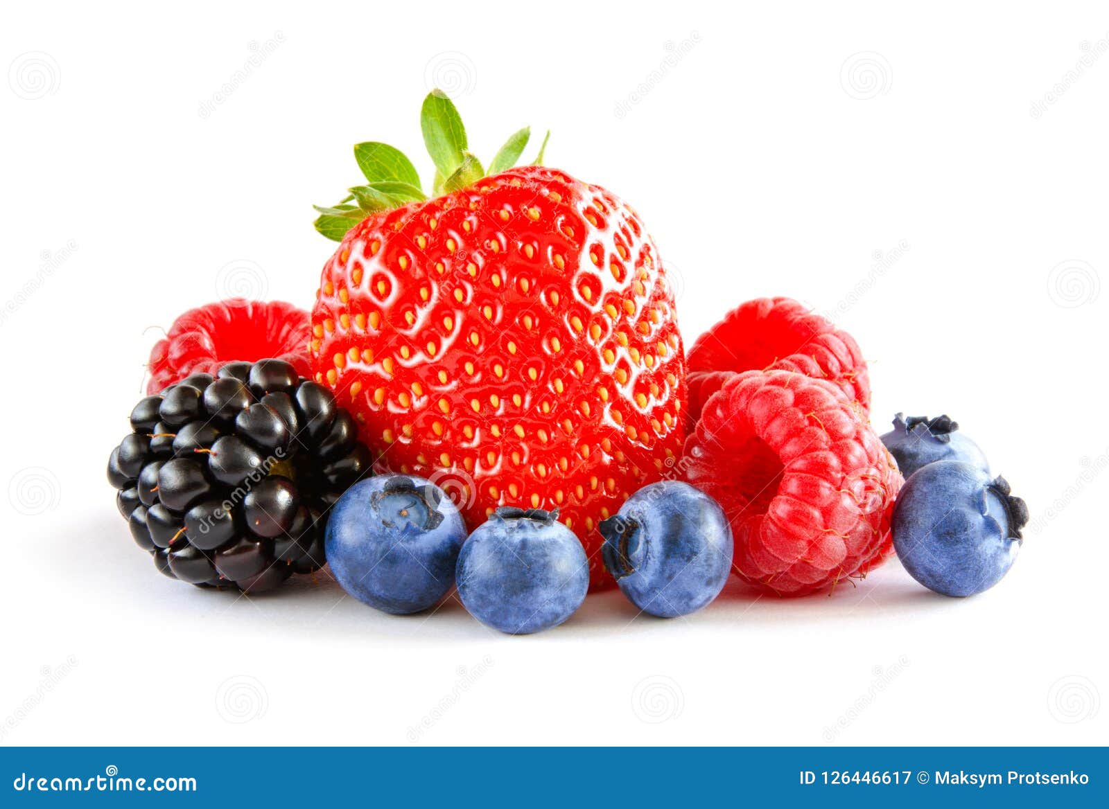 fresh sweet berries on the white background. ripe juicy strawberry, raspberry, blueberry, blackberry