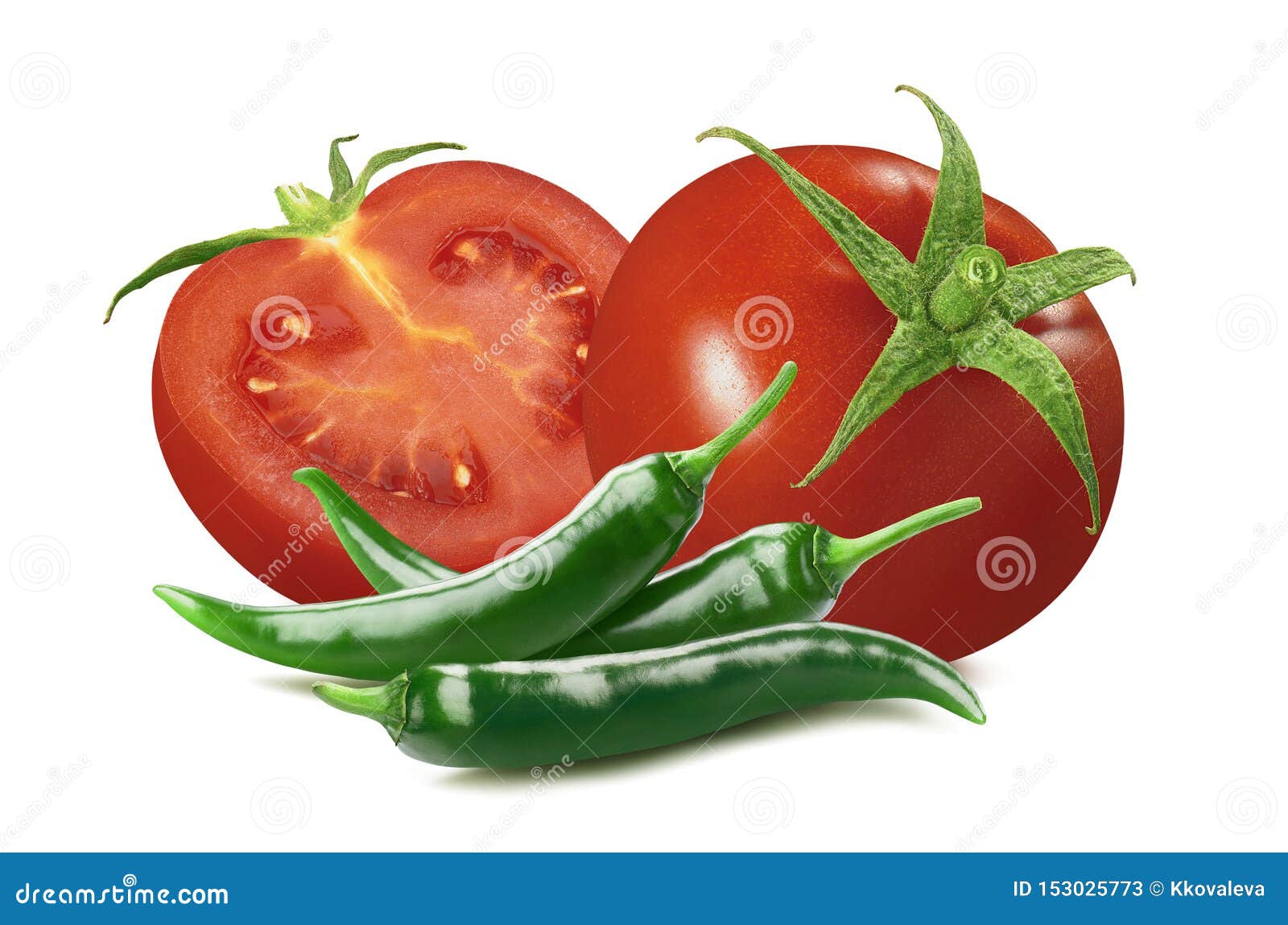 Fresh Tomato and Green Chili Pepper Isolated on White Background Stock