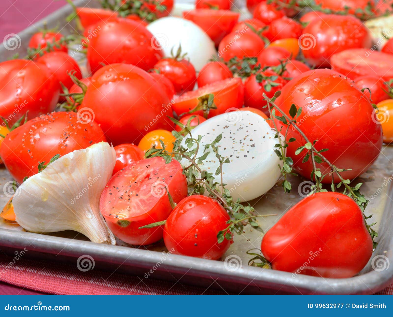 Fresh Tomatoes, Garlic, Onions and Thyme in Roasting Pan Stock Image