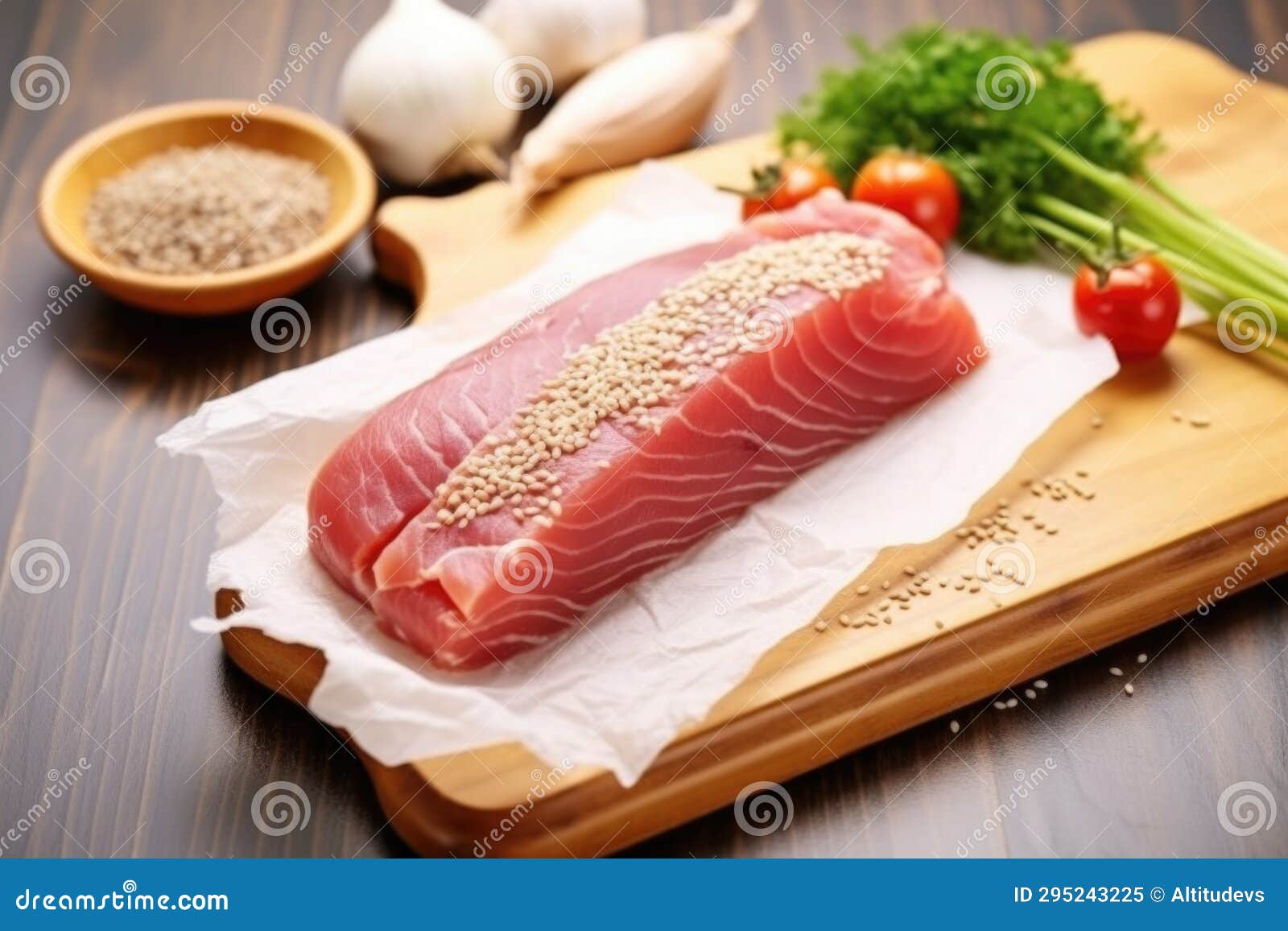 Fresh Tuna Steak Rolled in Sesame Seeds before Cooking Stock Image