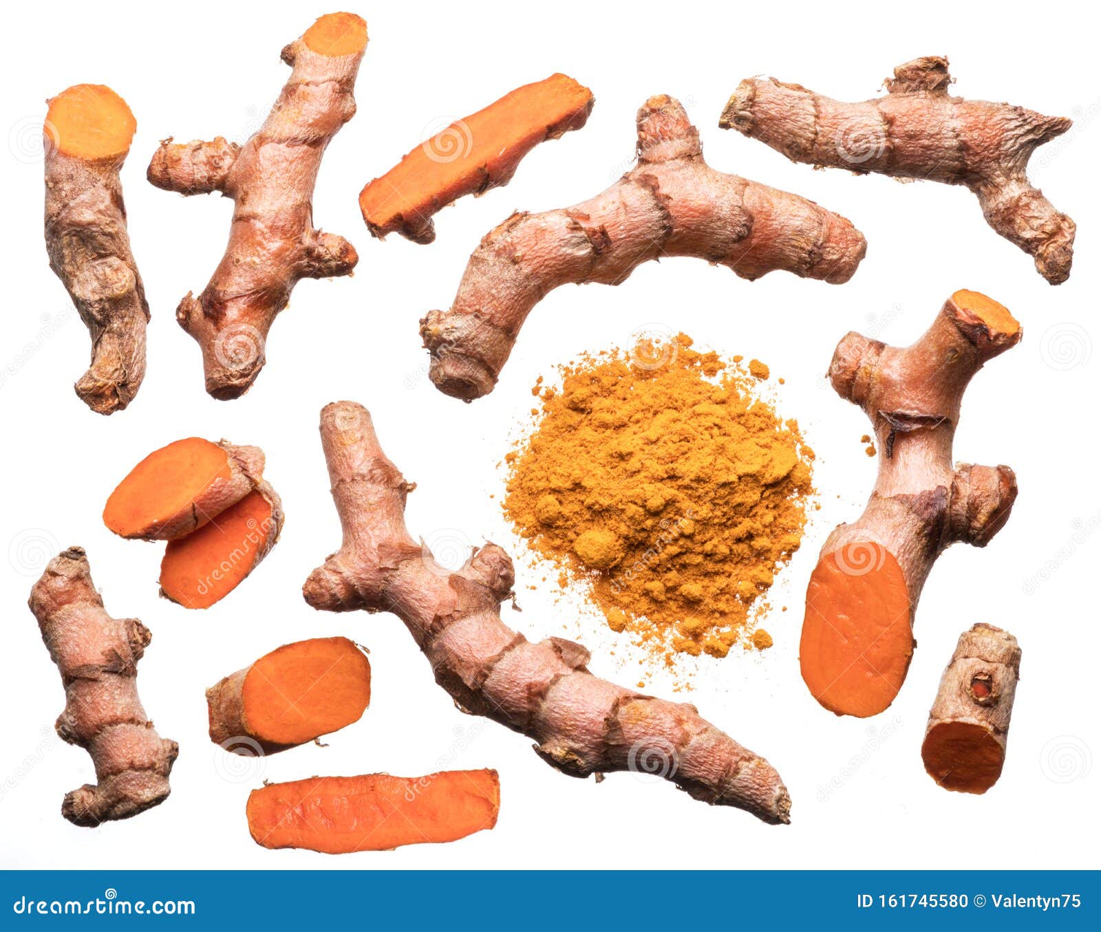 fresh turmeric rhizome cuts and turmeric powder  on white background