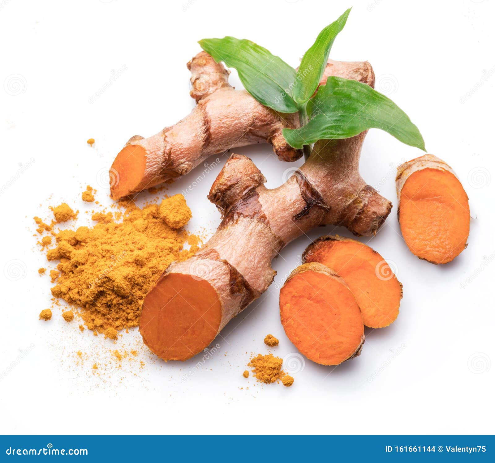 Fresh Turmeric Rhizome and Turmeric Powder Isolated on White Background