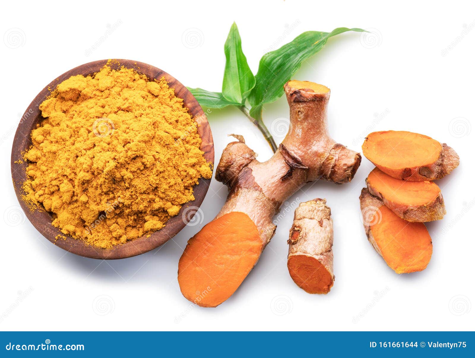 Fresh Turmeric Rhizome and Turmeric Powder Isolated on White Background