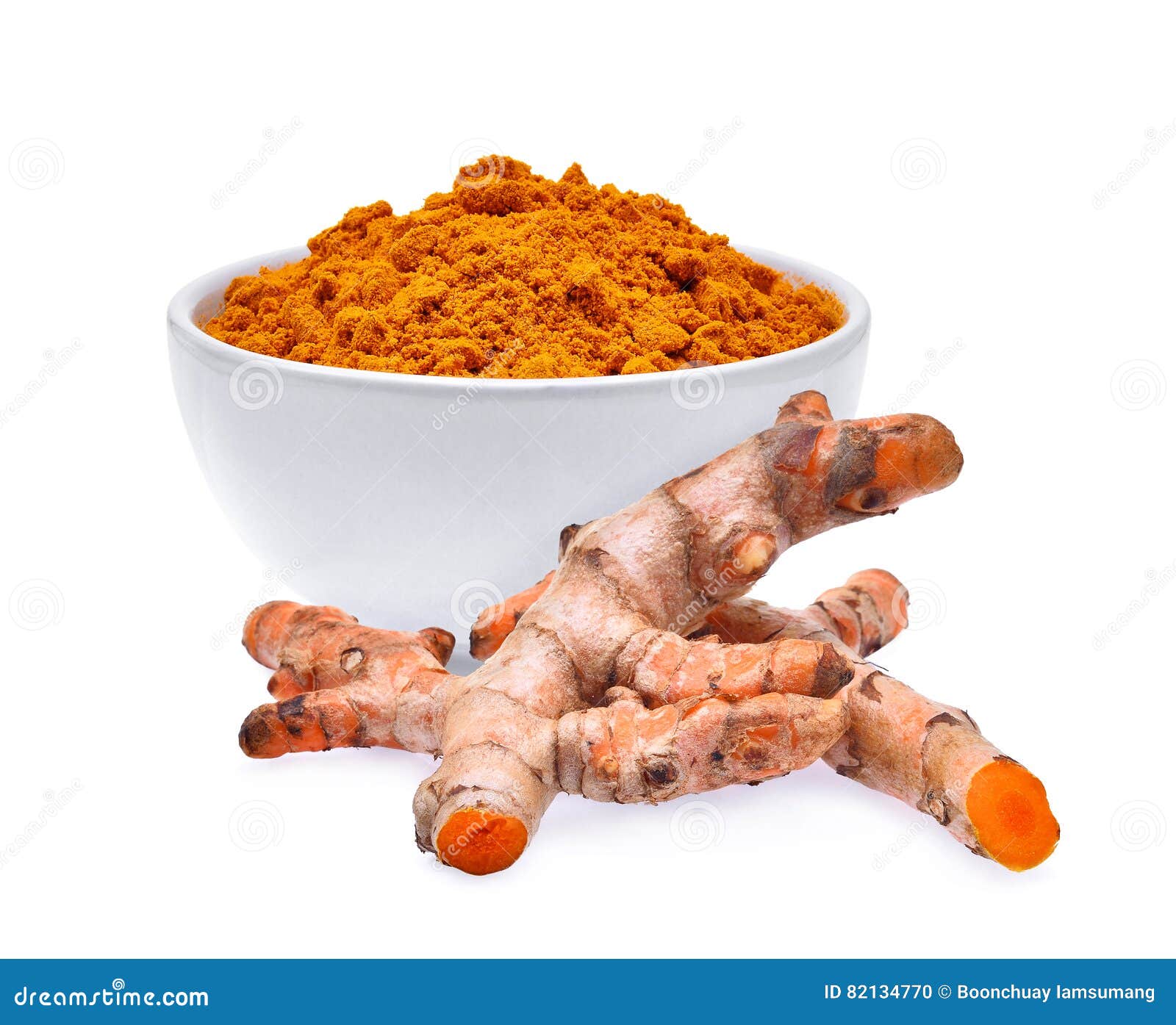 Fresh Turmeric Root And Dry Turmeric Powder In White Bowl Isolated On