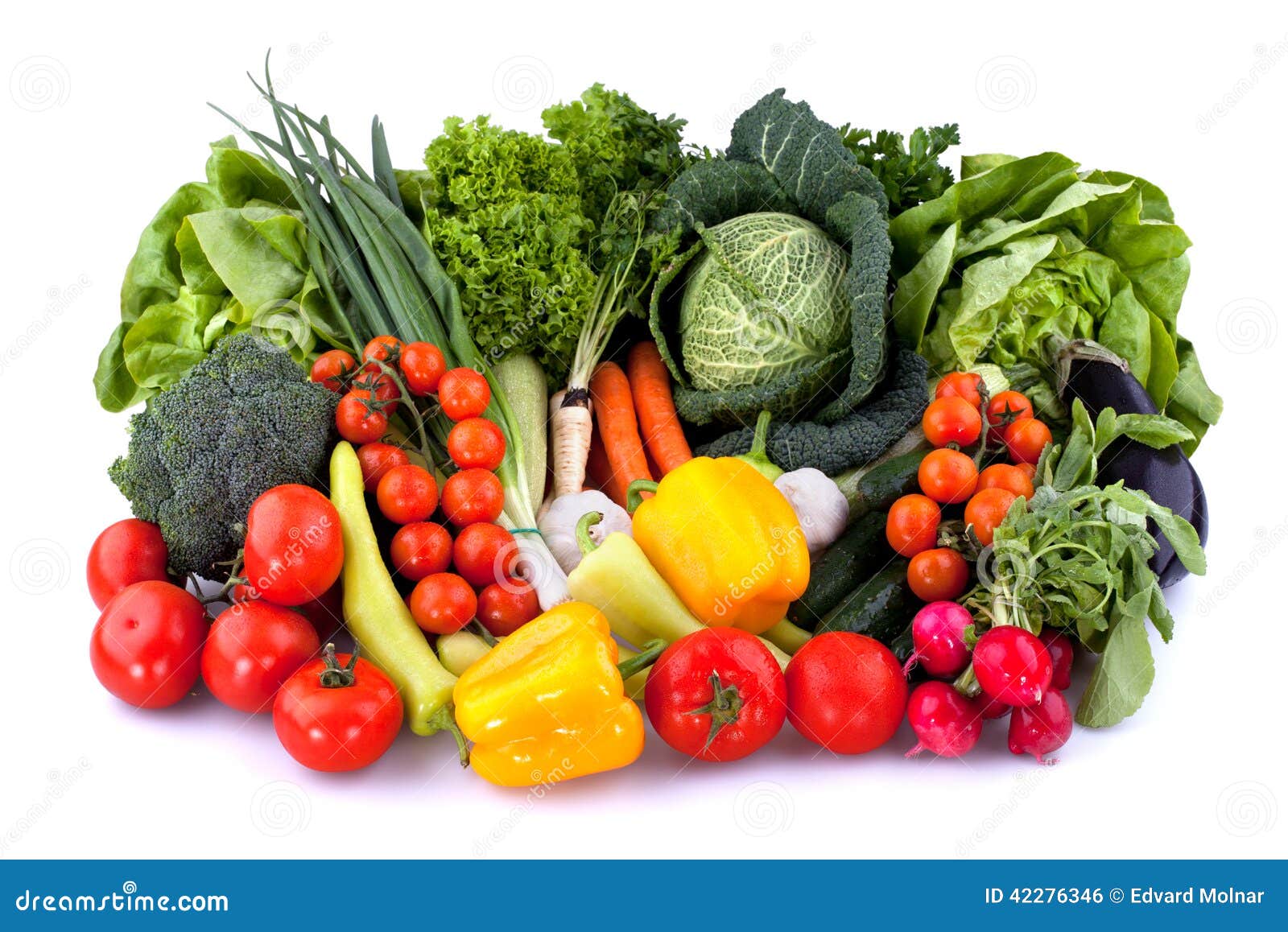 Collection of fresh vegetables on white background.