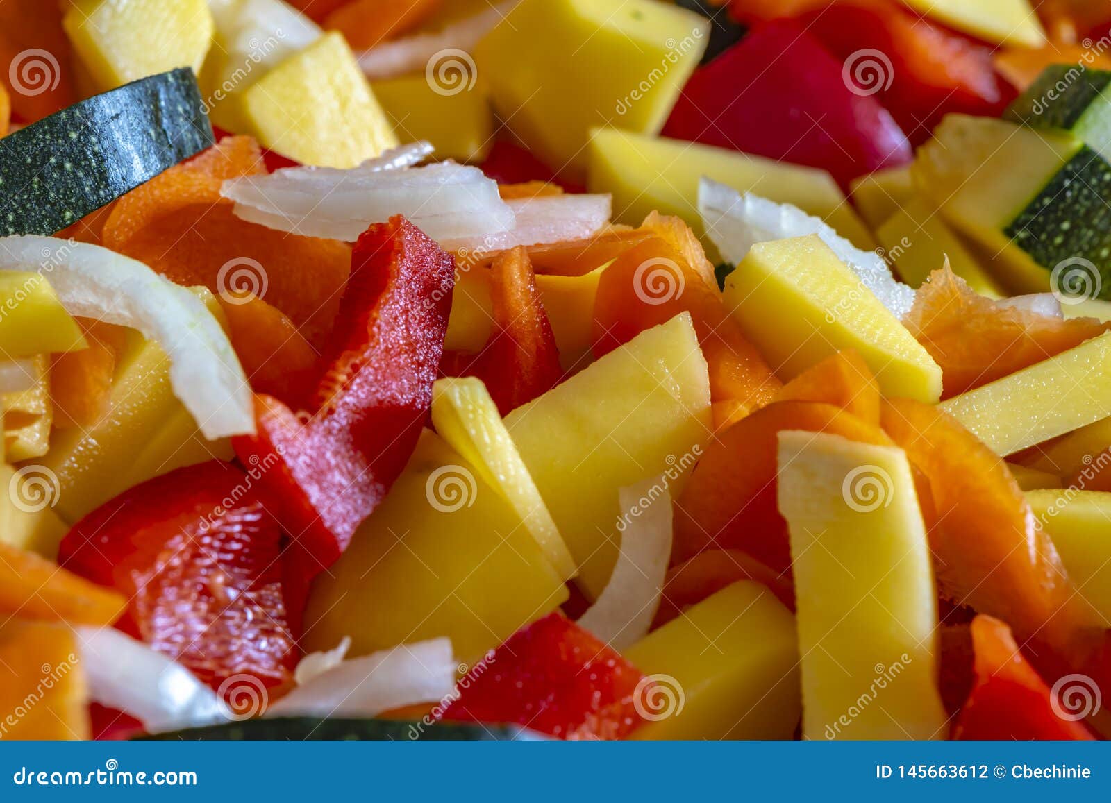 Fresh Vegetables Cut and Mixed for Further Processing Stock Photo