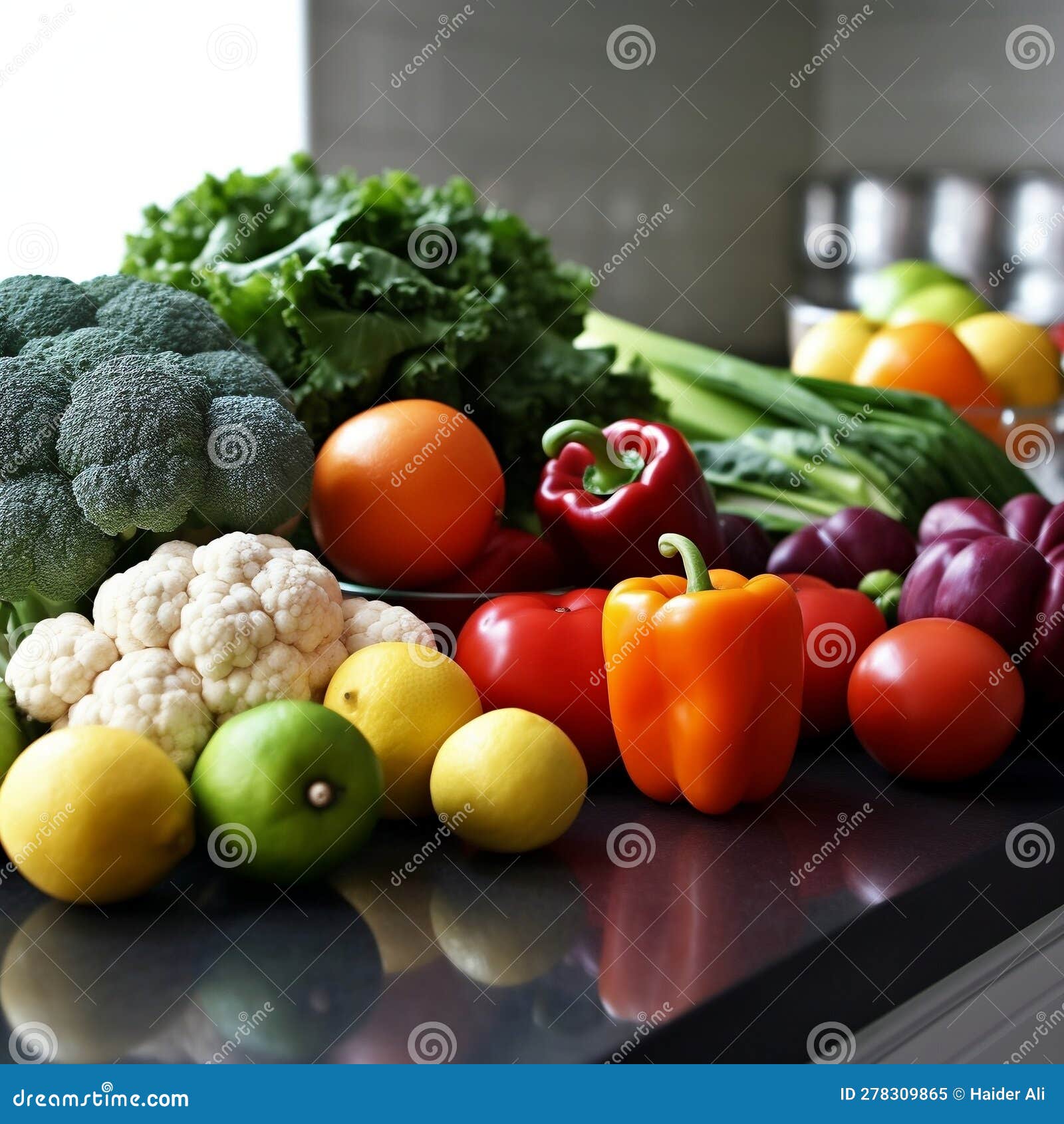Fresh Vegetables and Fruits on Kitchen Counter. AI Stock Image Image