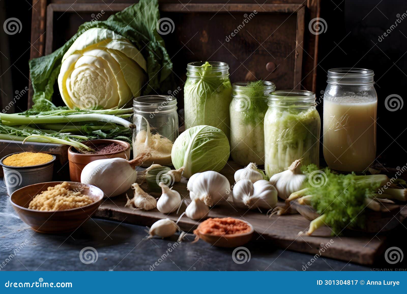 fresh vegetables, spices, salt and fermenting jars arranged for the homemade creation of fermented veggies