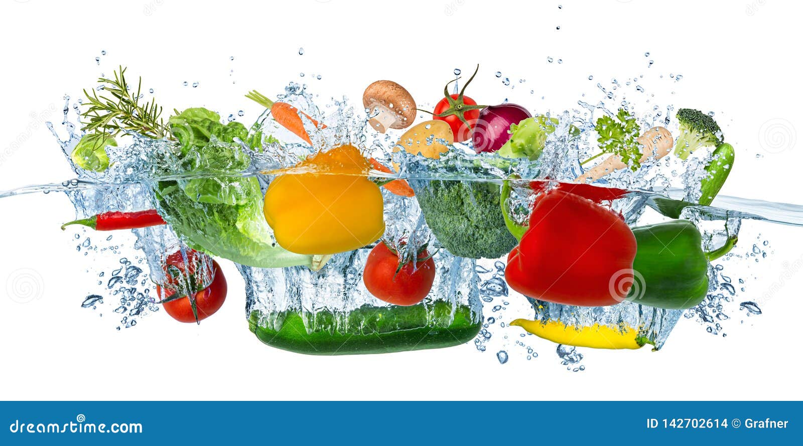 fresh vegetables splashing into blue clear water splash healthy food diet freshness concept  white background