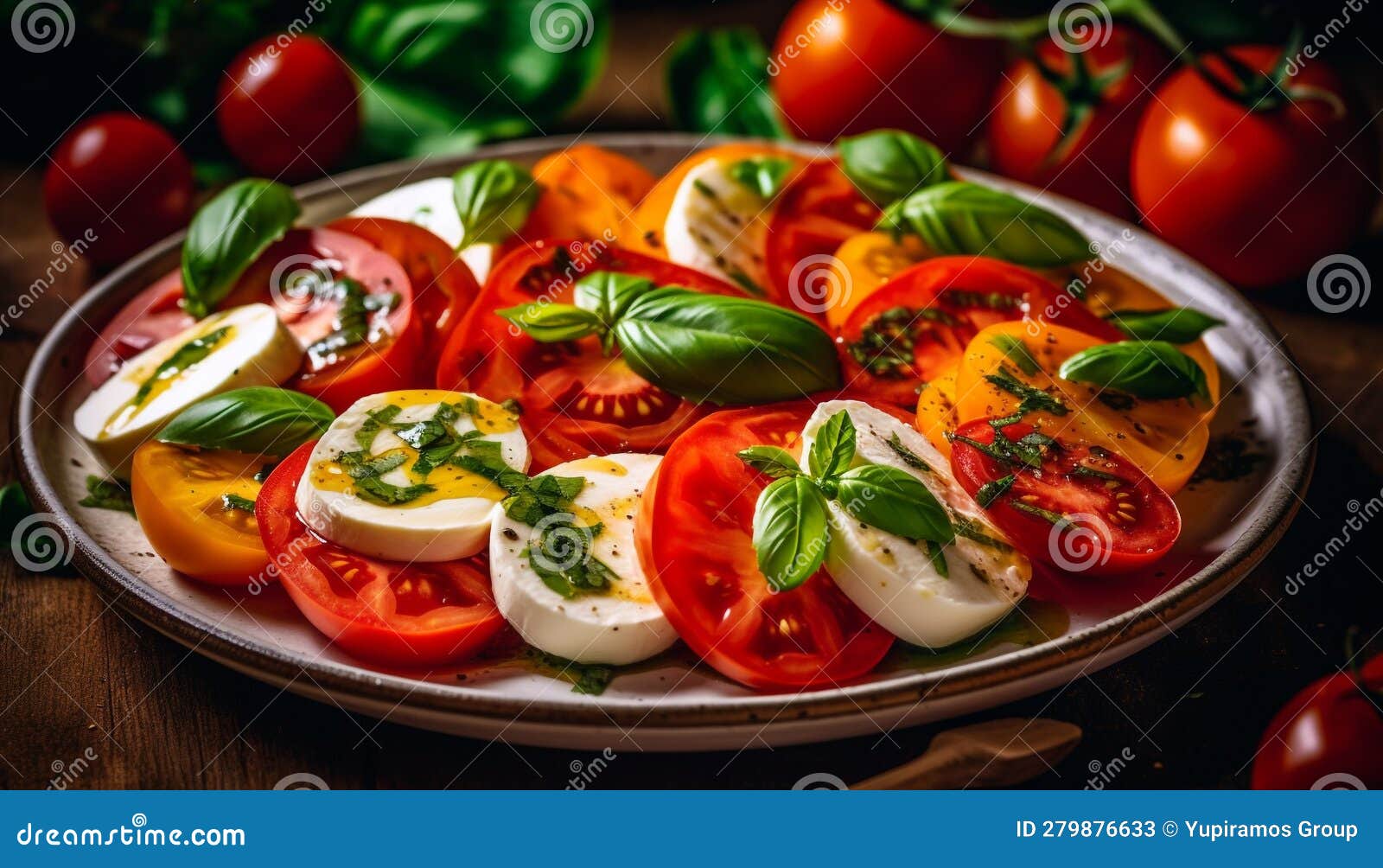 Fresh Vegetarian Caprese Salad with Mozzarella, Tomato, and Basil Herb