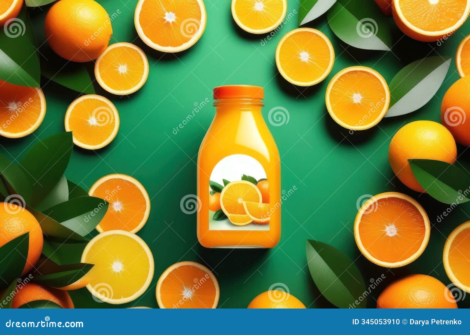 fresh, vibrant oranges surround a matching bottle of juice, creating a burst of citrus