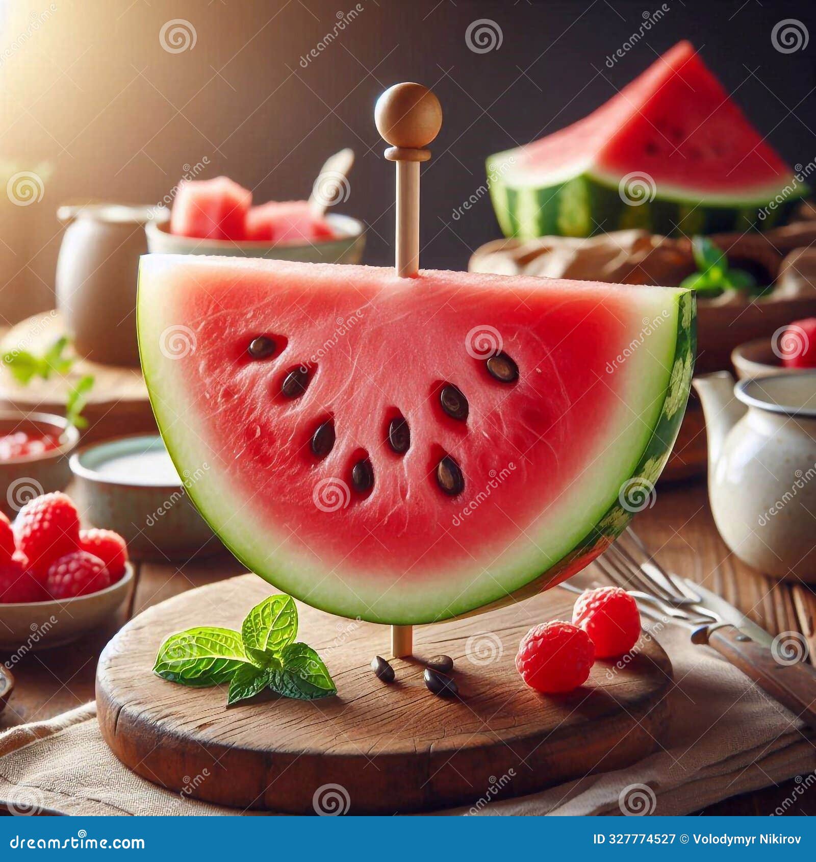 fresh watermelon slice on a stick, close-up. generated ai