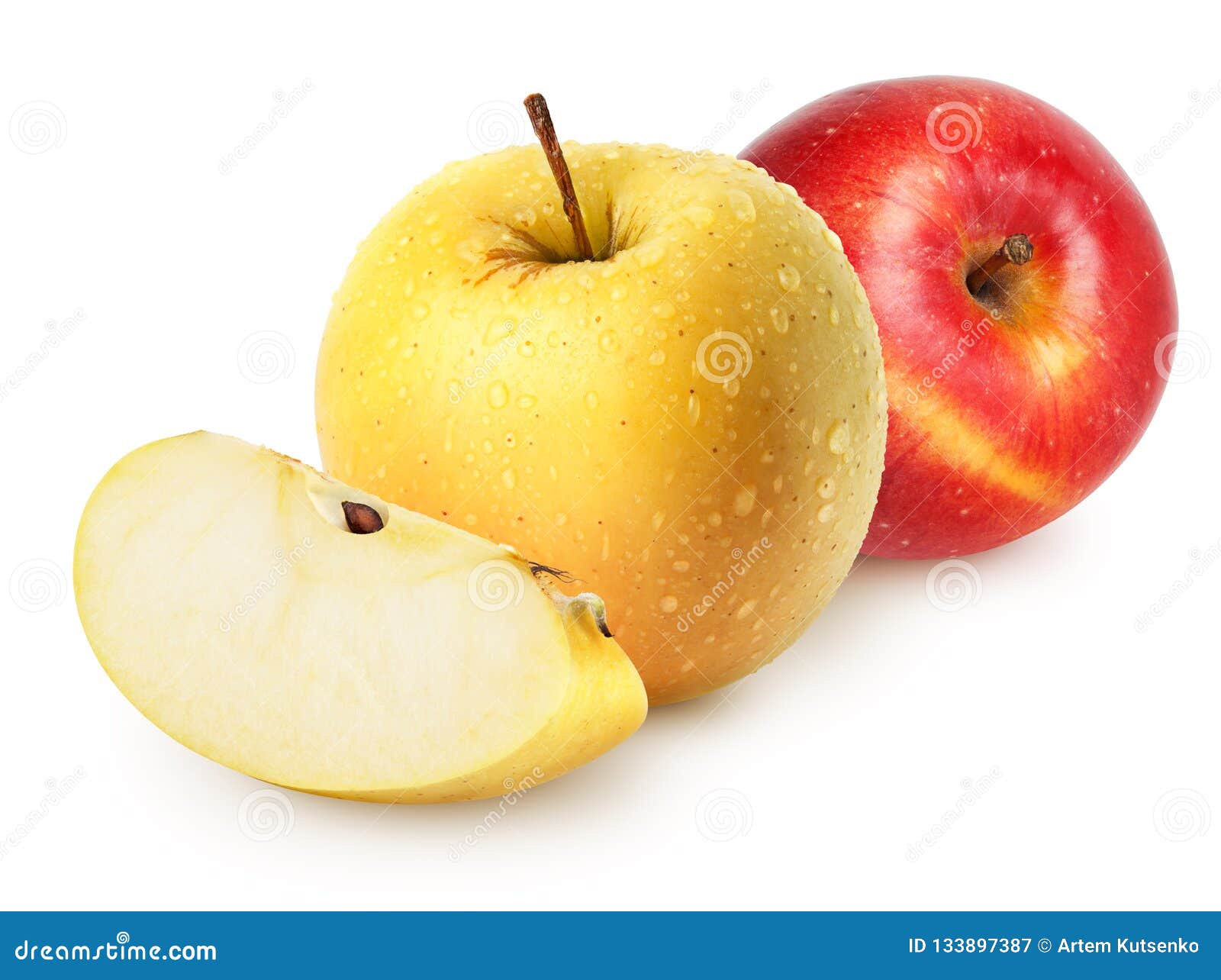 Isolated Wet Apples Whole Yellow Golden And Red Apple Fruits With Slice Isolated On White With Clipping Path Stock Image Image Of Pear Apple