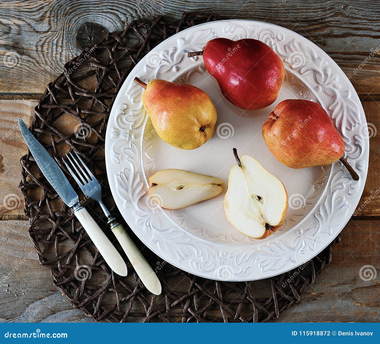 Fresh Whole and Cut Pears on Plate Stock Photo - Image of harvest ...