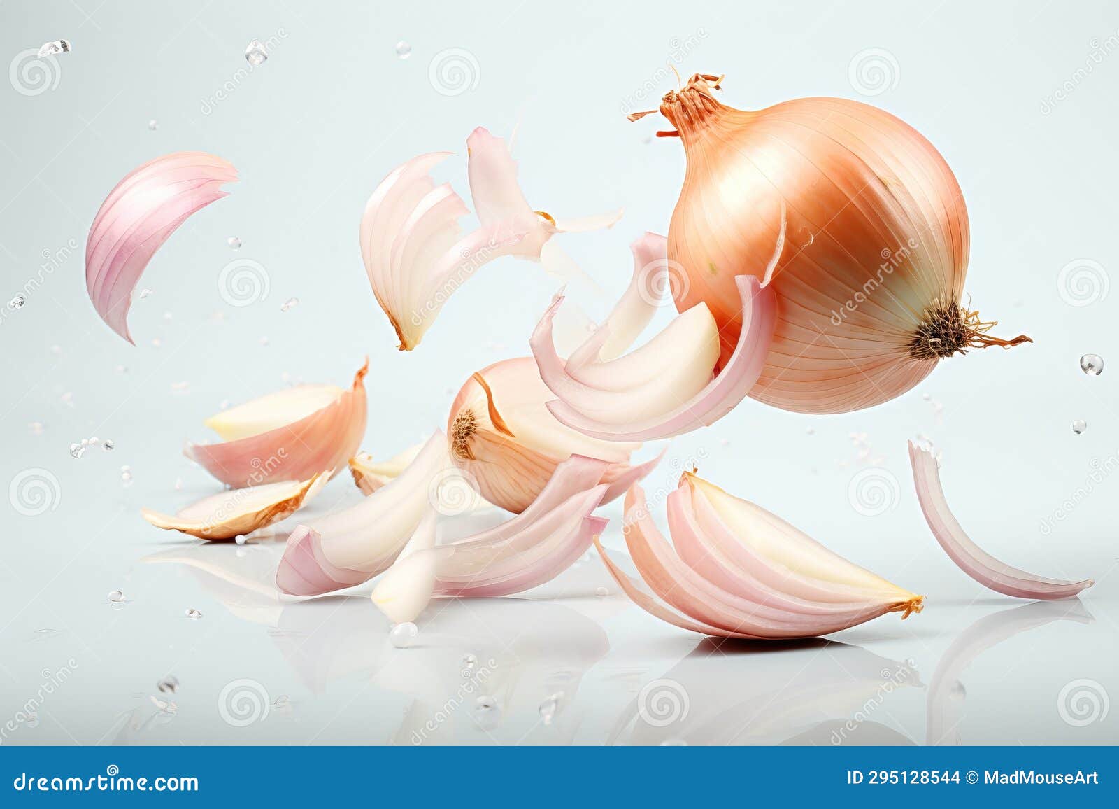 Fresh Whole and Sliced Onion Floating on Blue Background Stock
