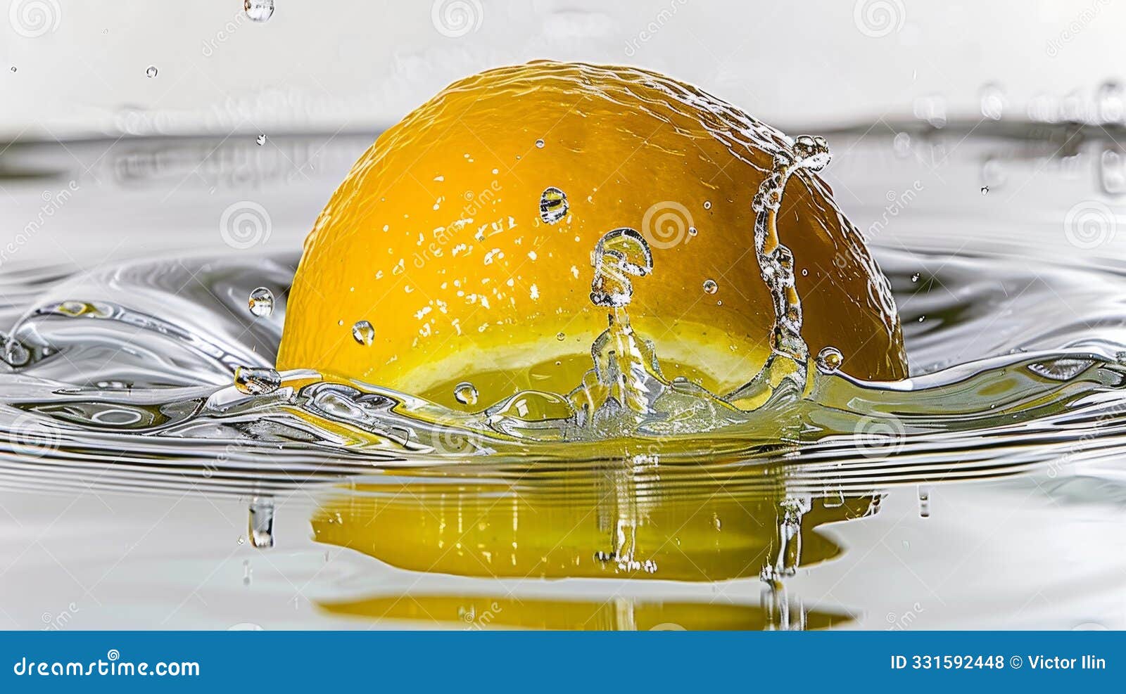 fresh yellow lemon making a splash in clear water, refreshing citrus fruit photography