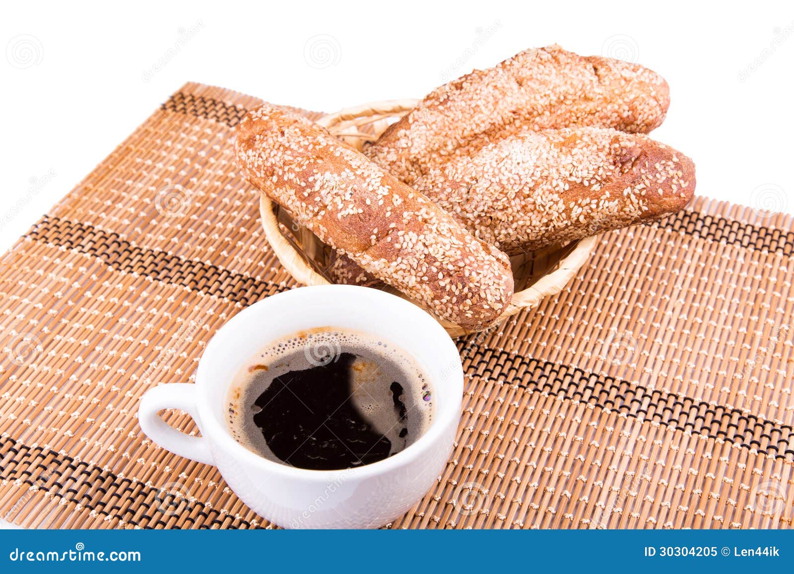 Freshly Baked Bread Rolls with Sesame with Cup of Coffee Stock Image