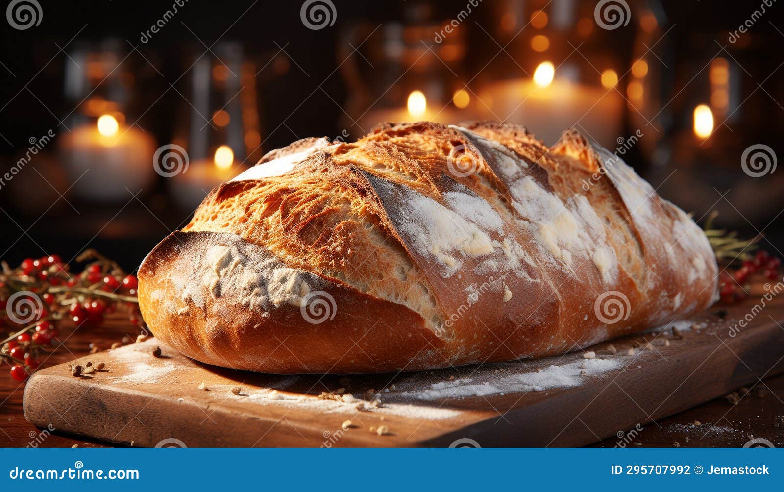Freshly Baked Bread on Wooden Table, Candle Flickers Generated by AI