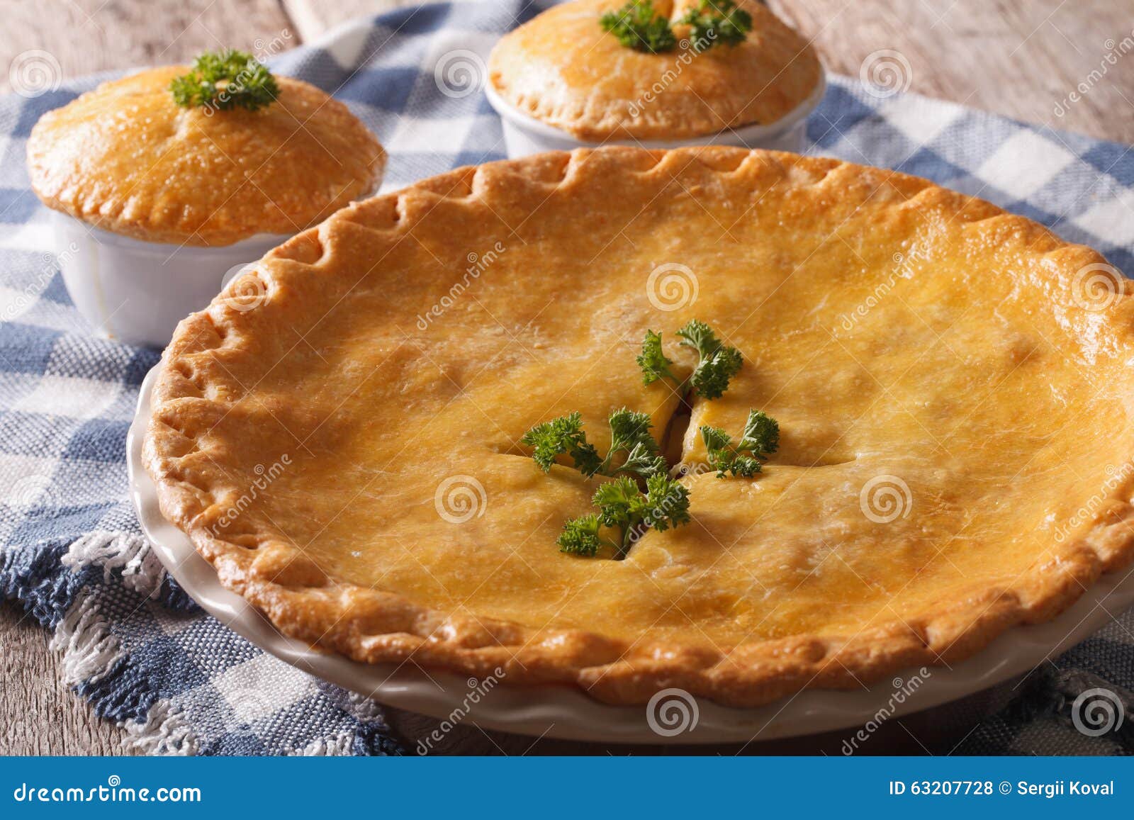 Freshly Baked Chicken Pot Pie in the Baking Dish Close Up. Horizontal