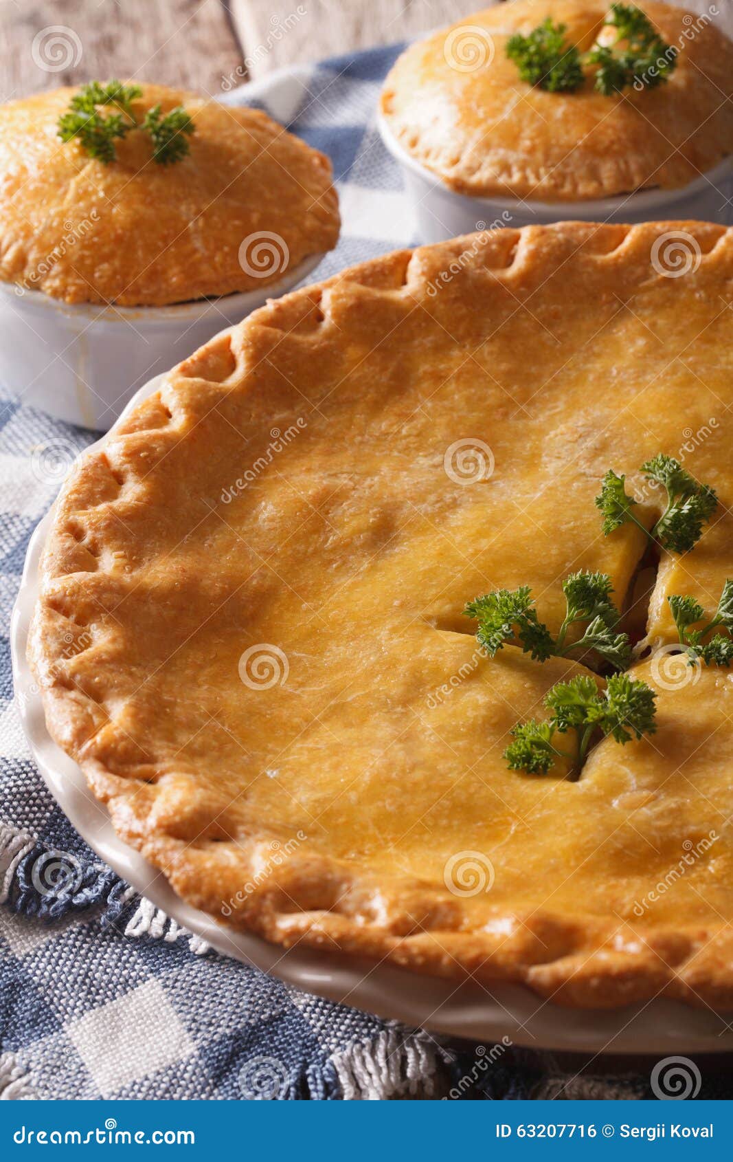 Freshly Baked Chicken Pot Pie in the Baking Dish Close Up. Vertical