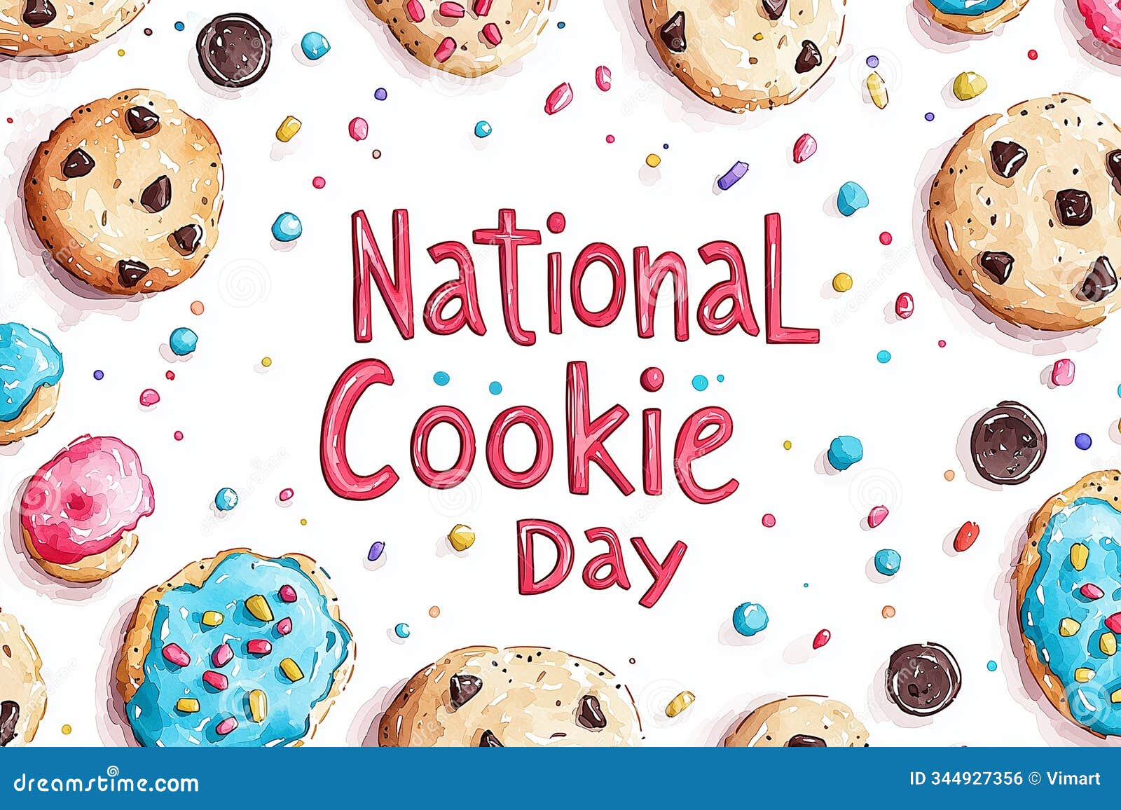 freshly baked chocolate chip cookies and a splash of chocolatery on white table, card for "national cookie day