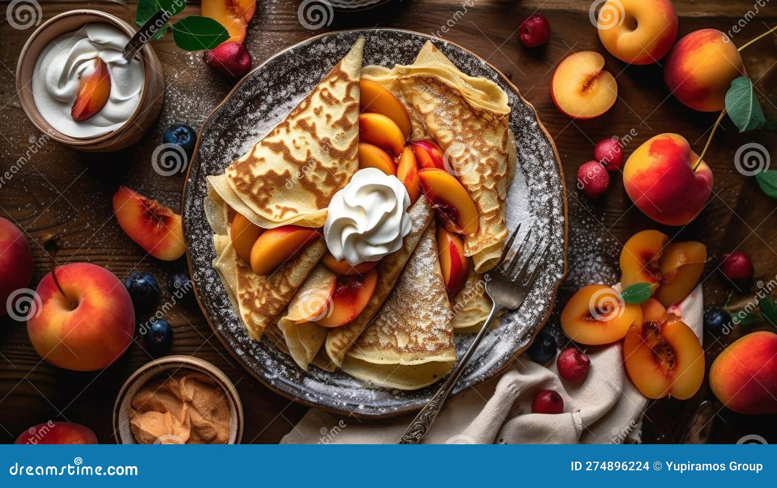 Freshly Baked Crepes with Mixed Berry Sauce Generated by AI Stock