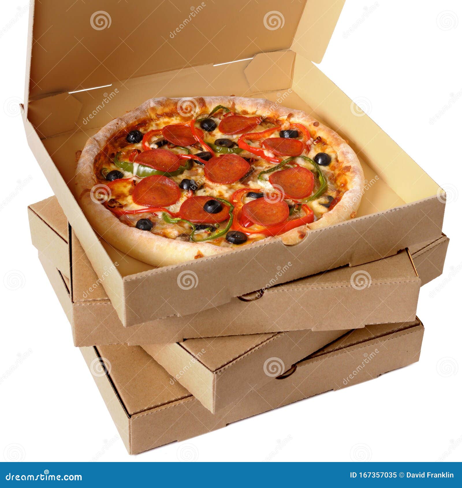 A pizza box hot and fresh on an isolated background Stock Photo