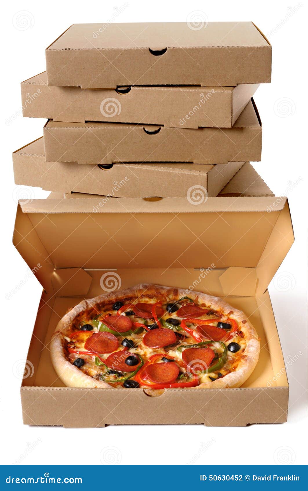 Pizza Boxes, Stack, Pepperoni Pizza, Isolated, Front View Stock Photo