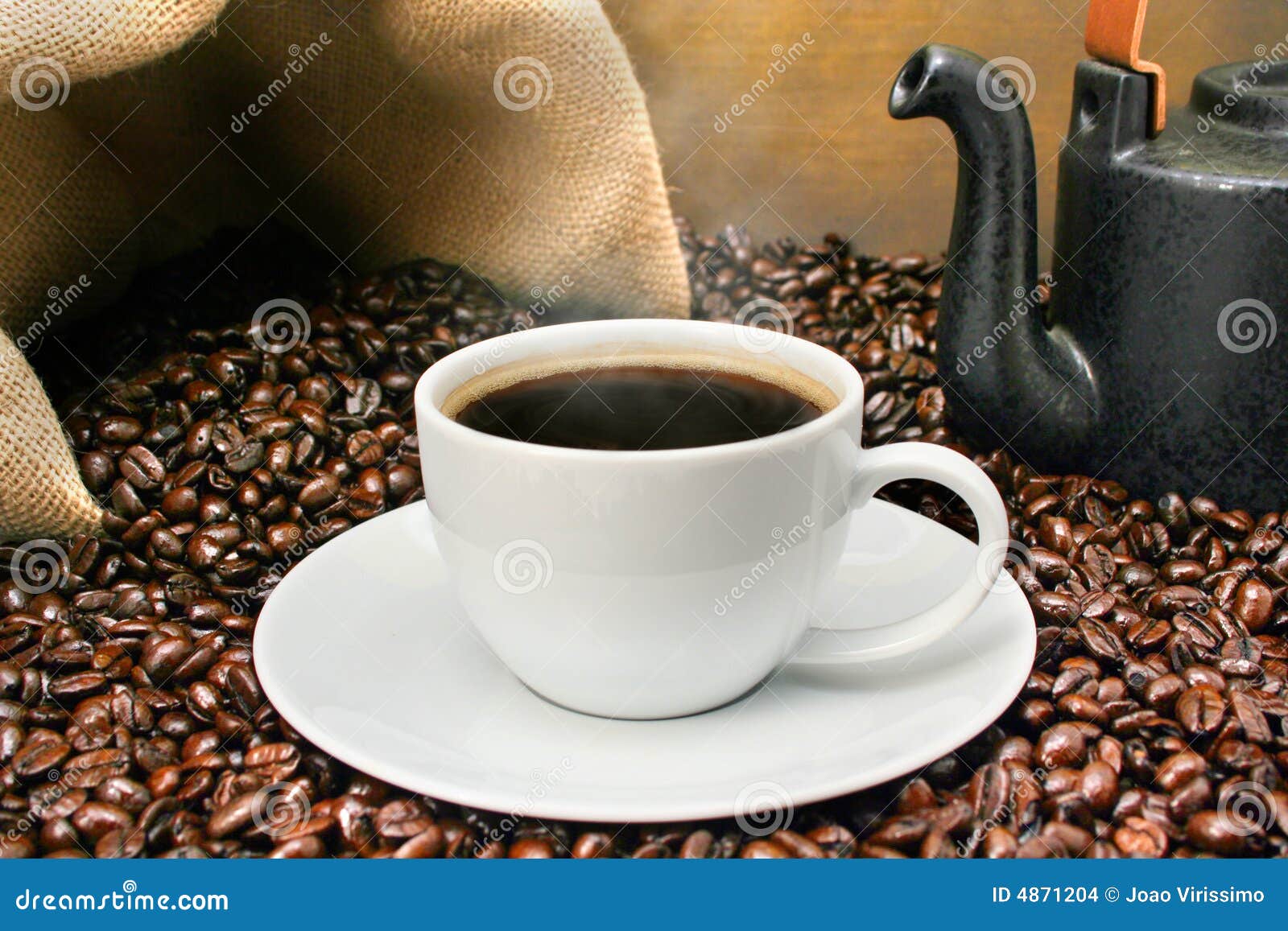 Freshly Brewed Coffee Cup Over Rosated Beans Stock Photo Image of
