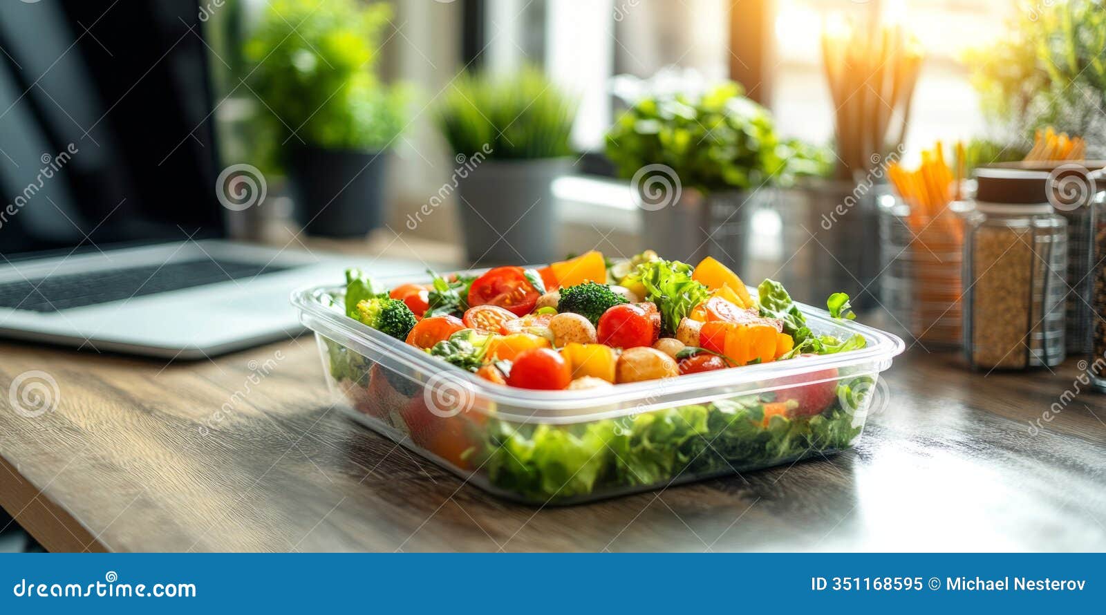 freshly cut vegetables like cucumber, tomatoes, pumpkin and kale are combined in a plastic container to make a healthy salad