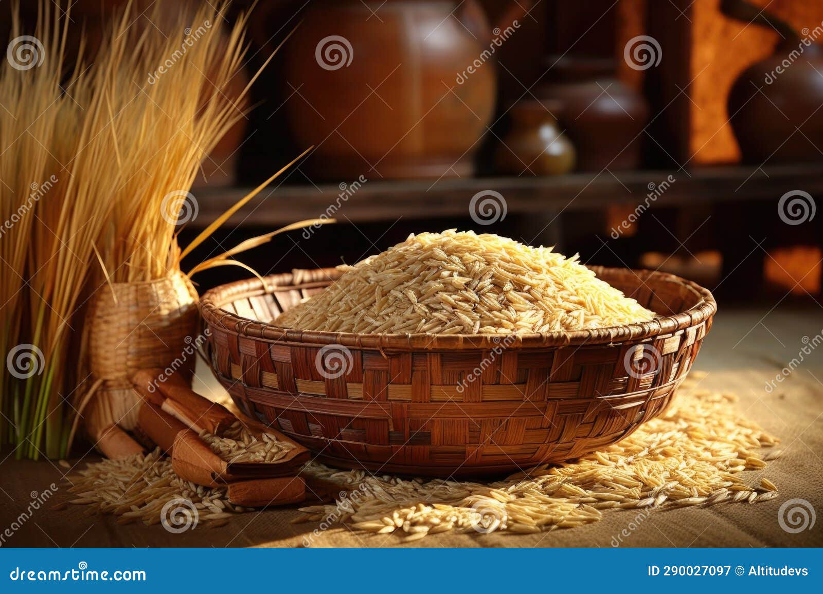 Freshly Harvested Rice Grains in a Woven Basket Stock Illustration