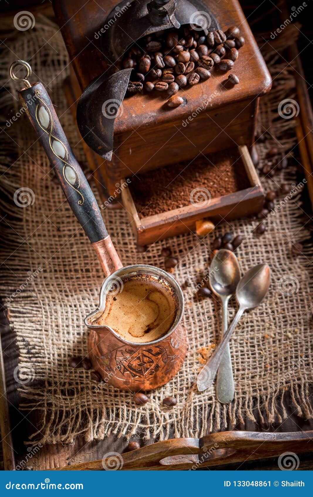 Freshly Milled Coffee, Old Grinder and Pot Boiled Coffee Stock Image Image of food, arabica