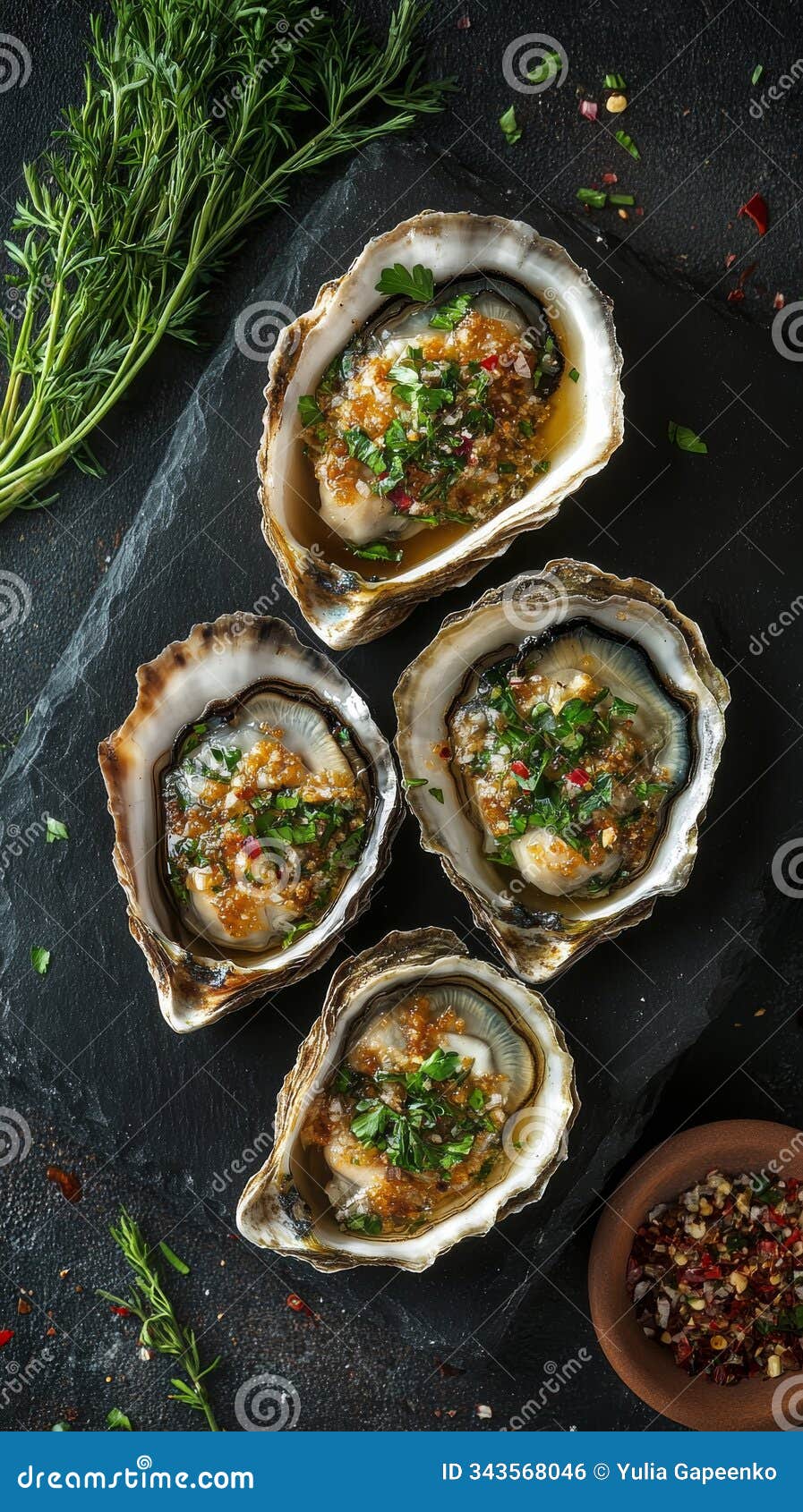 freshly prepared oysters topped with seasoning and herbs served on a slate platter