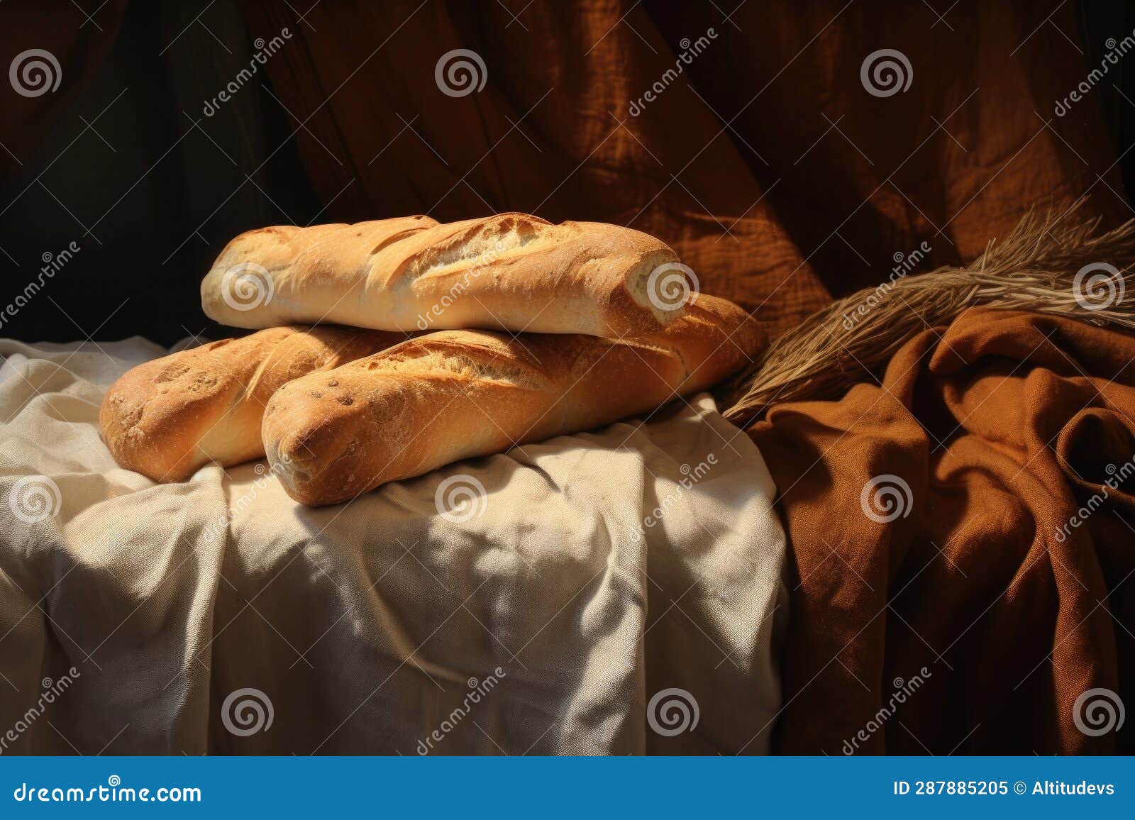 freshly d baguettes on a linen couche
