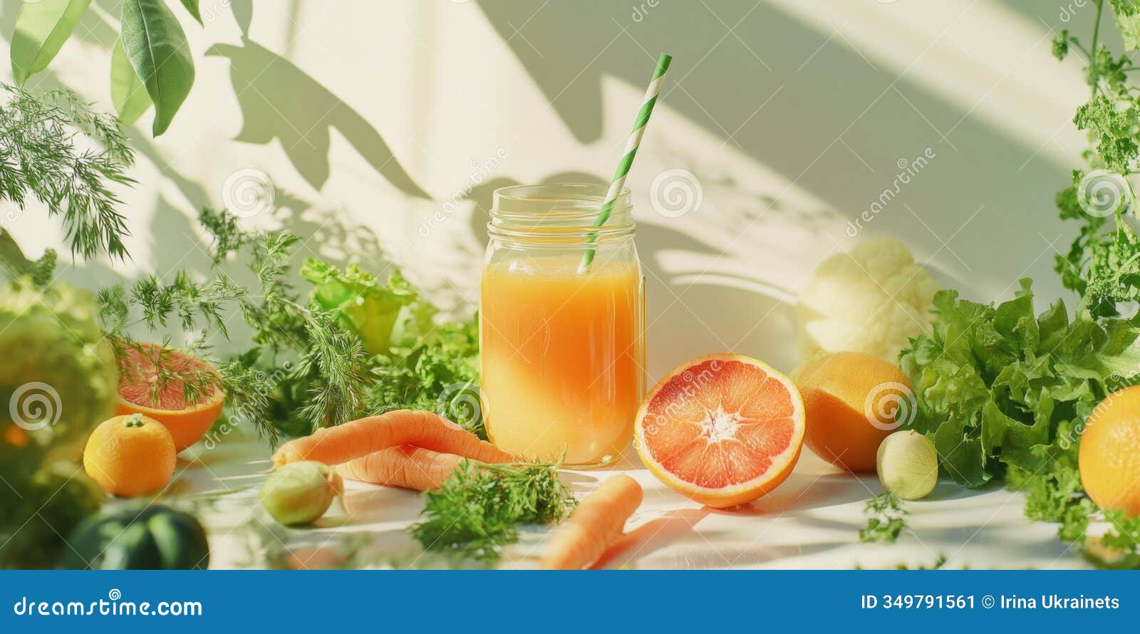 freshly squeezed juice displayed in a jar alongside vibrant fruits and vegetables. this healthy drink emphasizes a