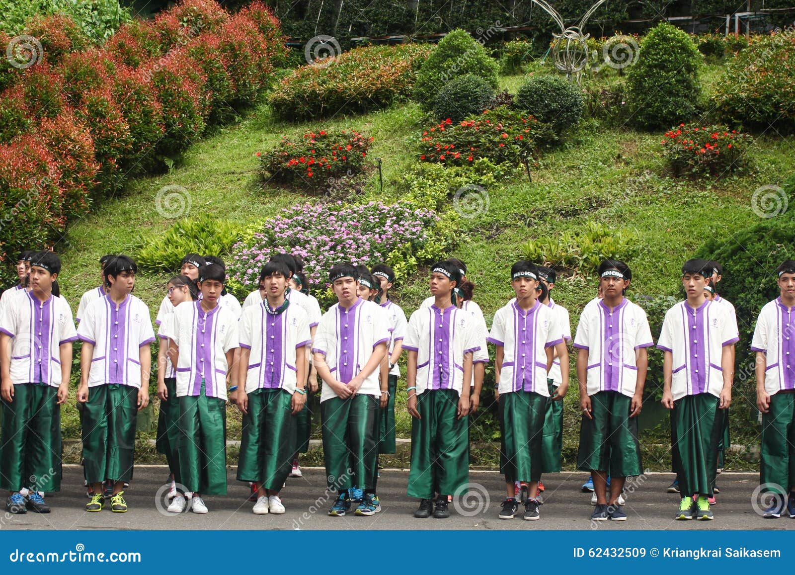 Freshmen Welcoming Ceremony of Chiang Mai university, Thailand. Chiang Mai, Thailand - September 12, 2015: student from Chiang Mai university (CMU) waiting to boom and show spirit in Freshmen Welcoming Ceremony of CMU at Doi suthep temple on September 12, 2015 in Chiang Mai, Thailand.