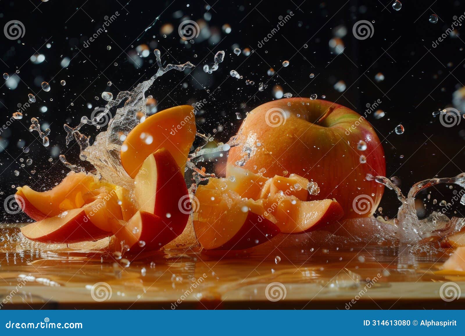 freshness captured: water droplets scatter around a whole apple and sliced starfruit on a wooden surface