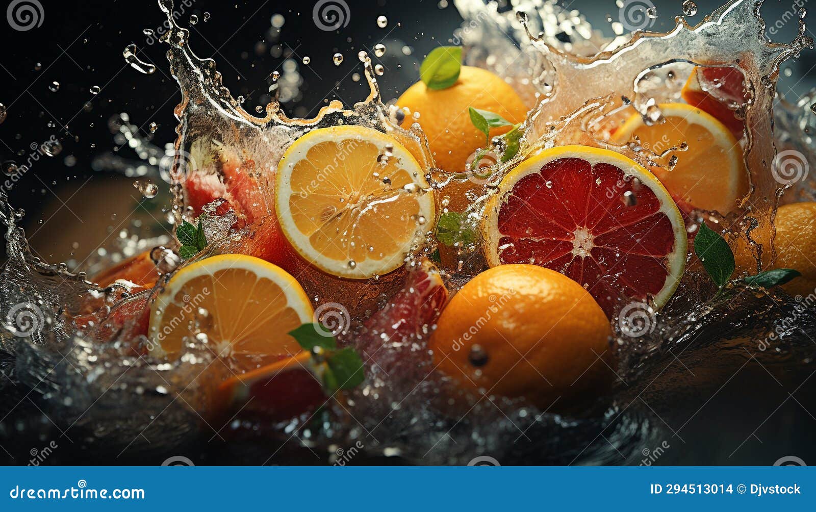 Freshness of Citrus Fruit, Wet Slice Splashing in Water Generated by AI